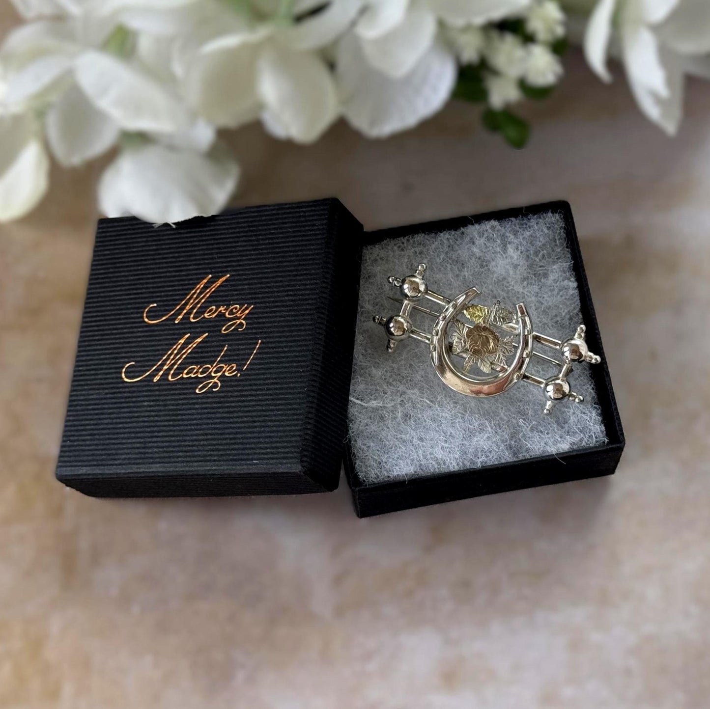 Antique Victorian Sweetheart Horseshoe Brooch | Sterling Silver & Gold Equestrian Lapel Pin