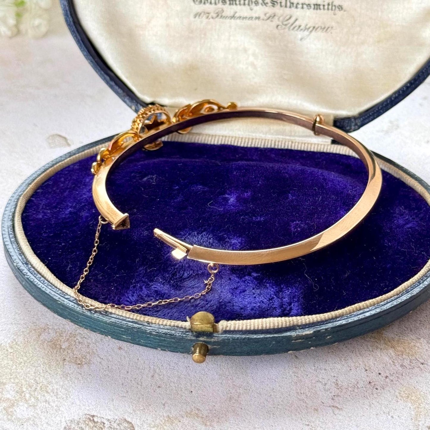 Antique Edwardian 15ct Rose Gold Pearl Celestial Bangle | Crescent Moon & Star Love Token