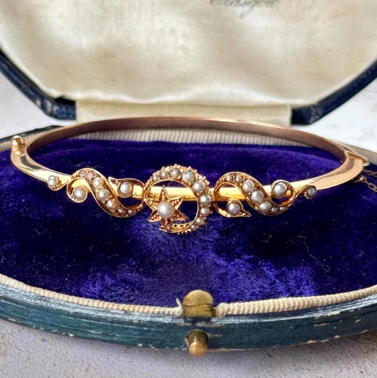 Antique Edwardian 15ct Rose Gold Pearl Celestial Bangle | Crescent Moon & Star Love Token
