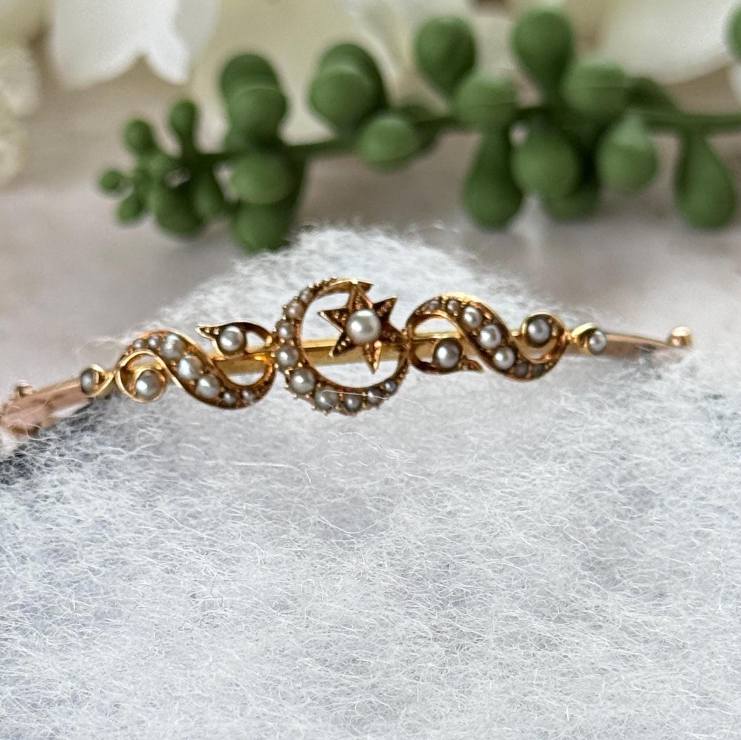 Antique Edwardian 15ct Rose Gold Pearl Celestial Bangle | Crescent Moon & Star Love Token