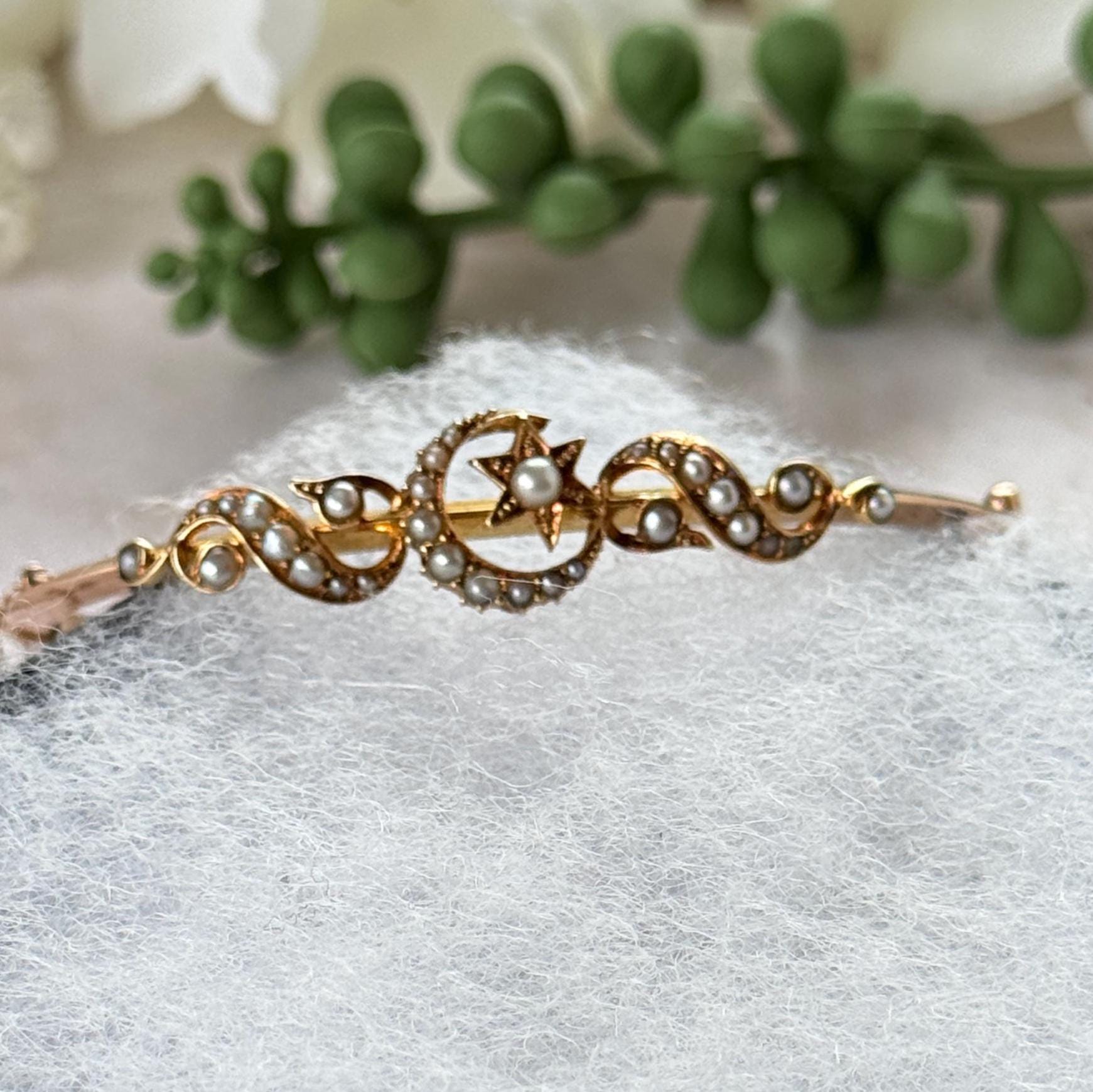 Antique Edwardian 15ct Rose Gold Pearl Celestial Bangle | Crescent Moon & Star Love Token