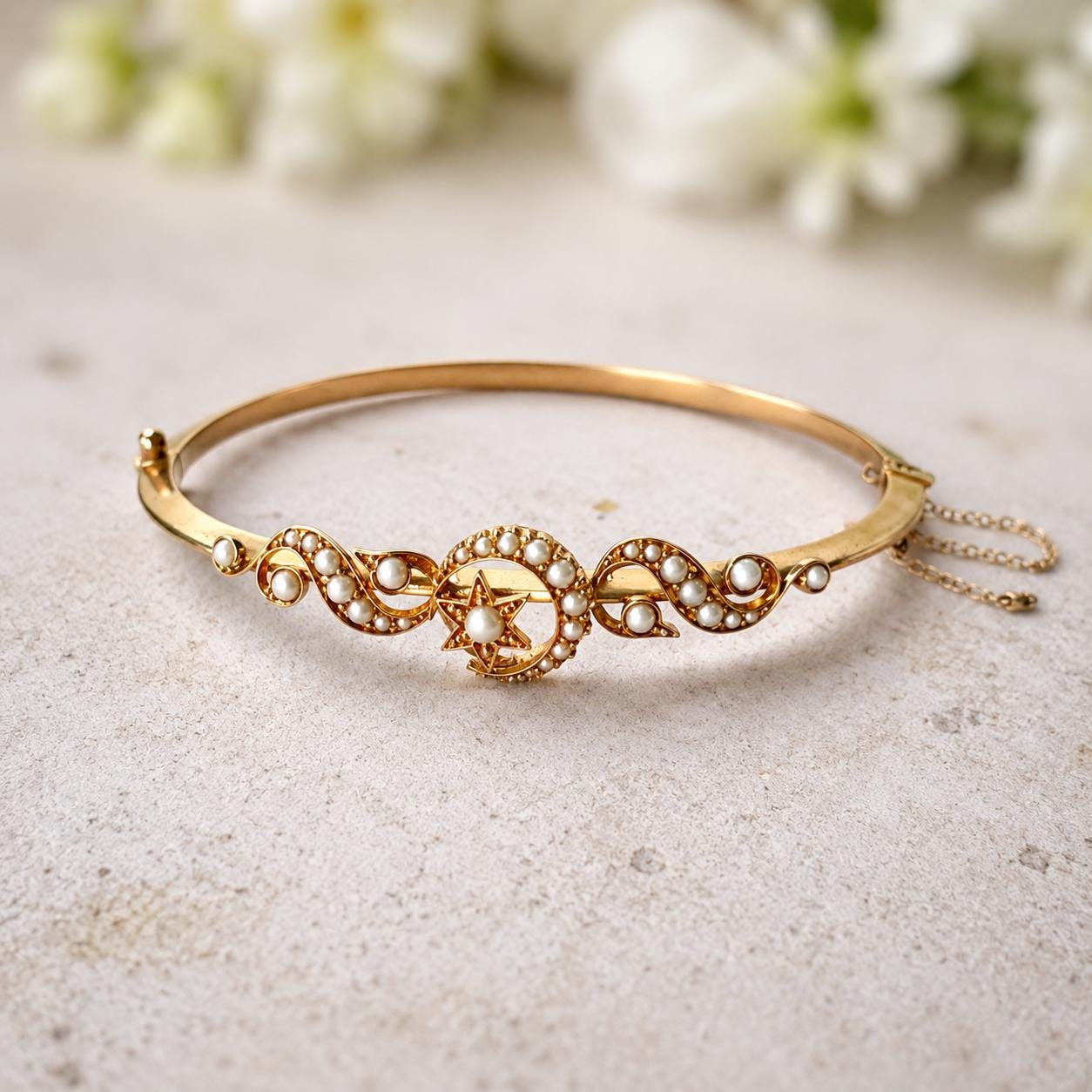 Antique Edwardian 15ct Rose Gold Pearl Celestial Bangle | Crescent Moon & Star Love Token