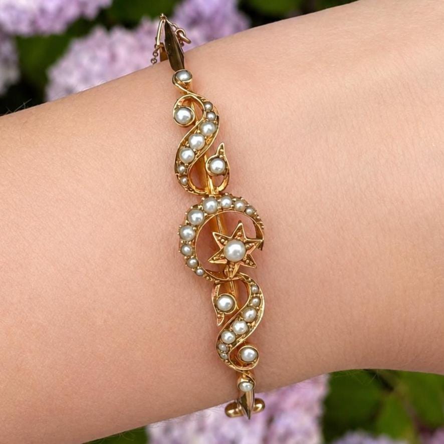 Antique Edwardian 15ct Rose Gold Pearl Celestial Bangle | Crescent Moon & Star Love Token