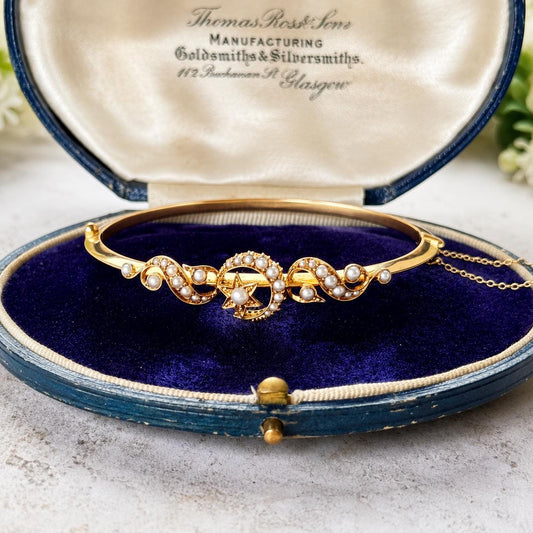 Antique Edwardian 15ct Rose Gold Pearl Celestial Bangle | Crescent Moon & Star Love Token