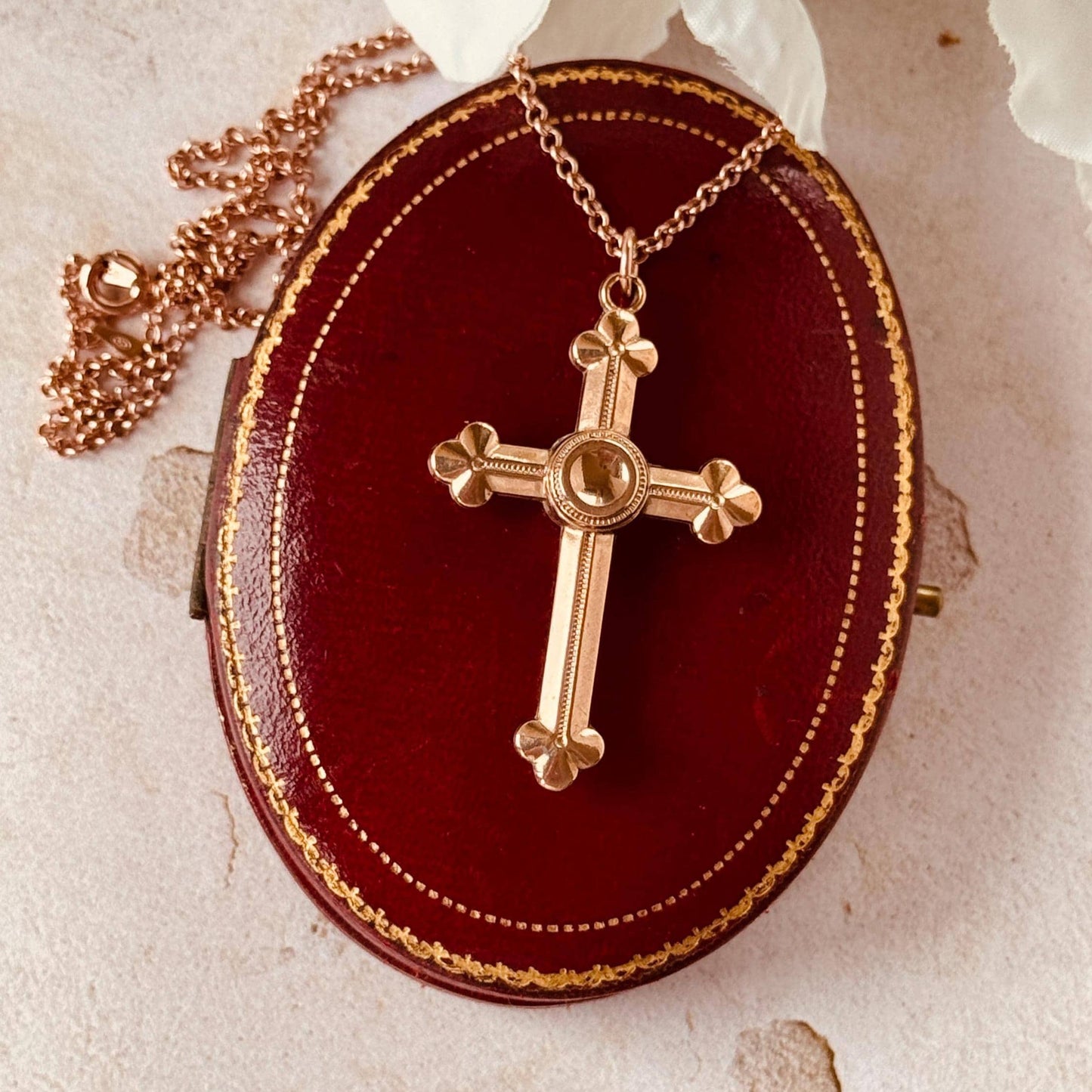 Antique Victorian Gothic Revival Rolled Rose Gold Cross Pendant and Belcher Chain