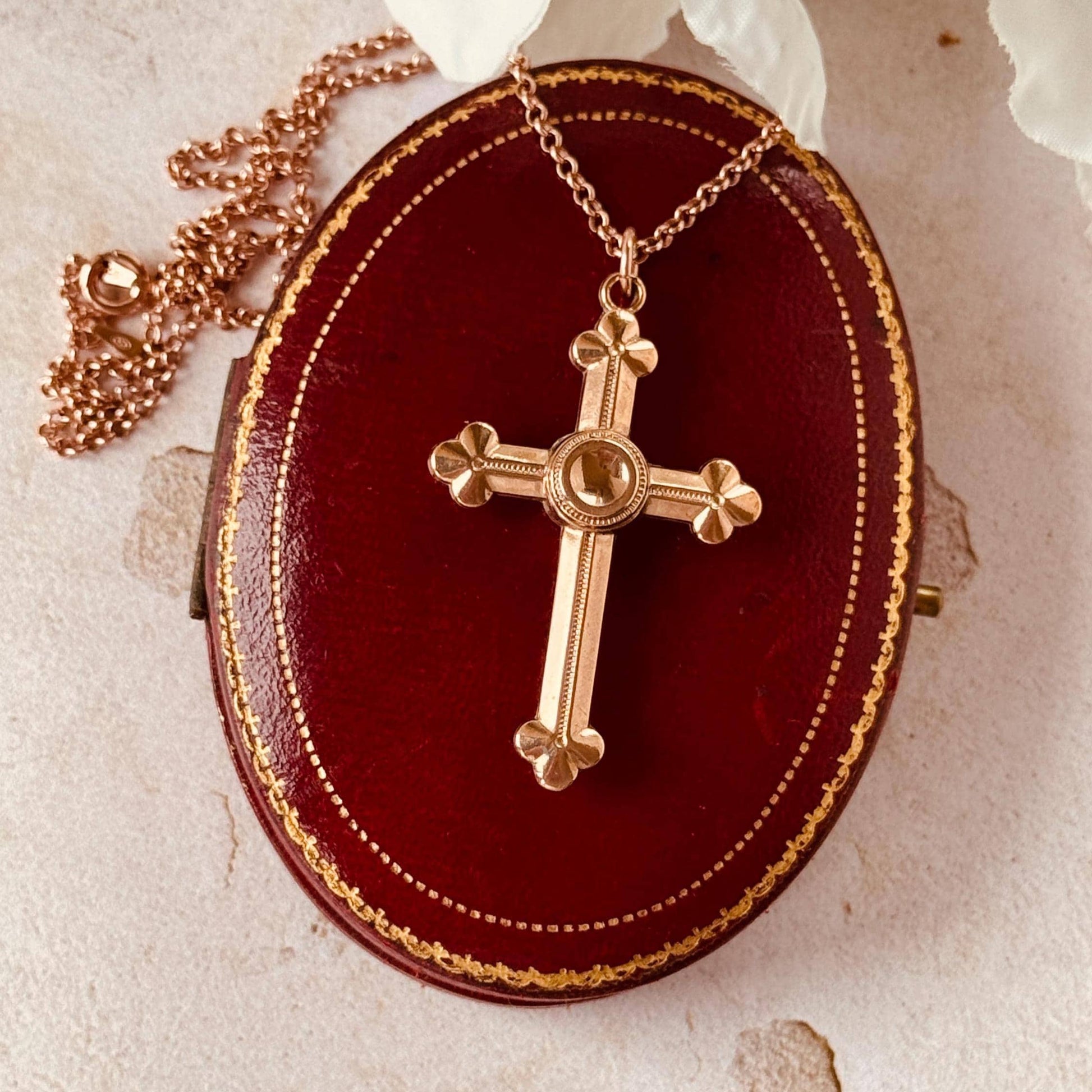 Antique Victorian Gothic Revival Rolled Rose Gold Cross Pendant and Belcher Chain