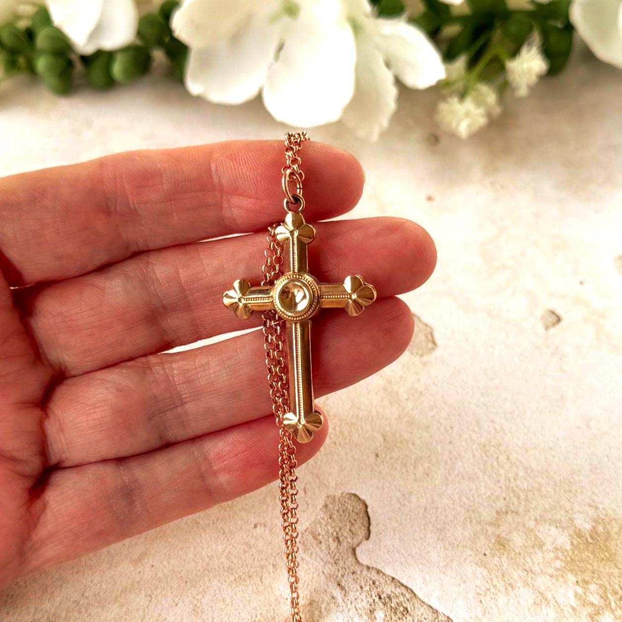 Antique Victorian Gothic Revival Rolled Rose Gold Cross Pendant and Belcher Chain