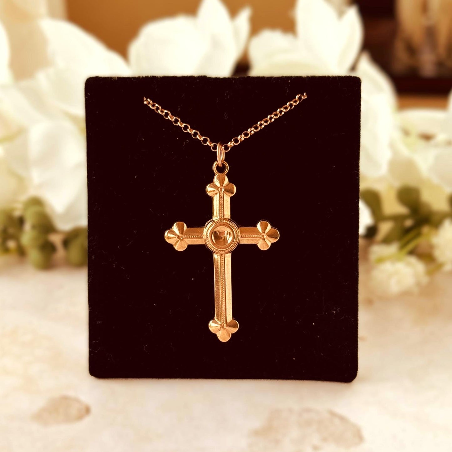 Antique Victorian Gothic Revival Rolled Rose Gold Cross Pendant and Belcher Chain