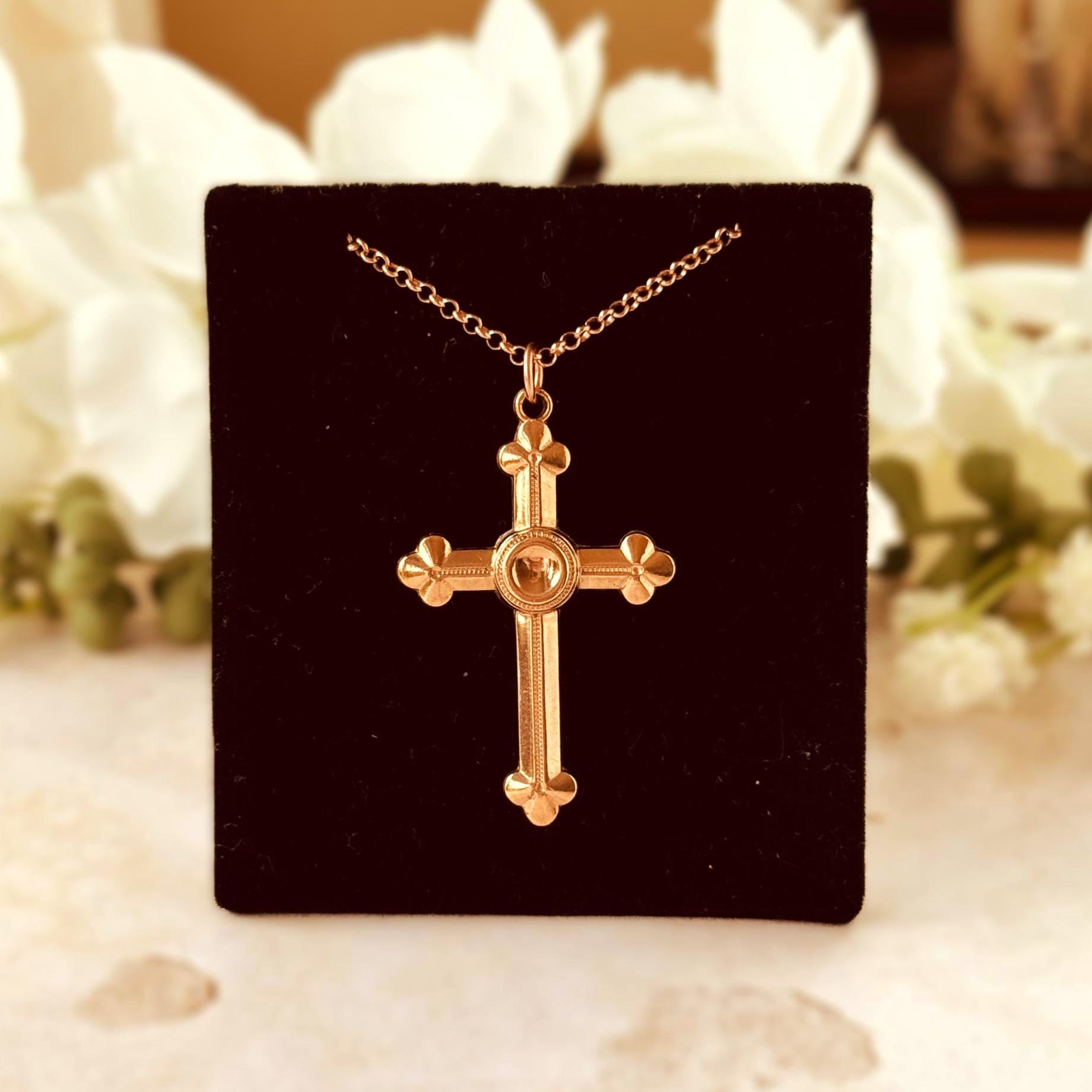 Antique Victorian Gothic Revival Rolled Rose Gold Cross Pendant and Belcher Chain