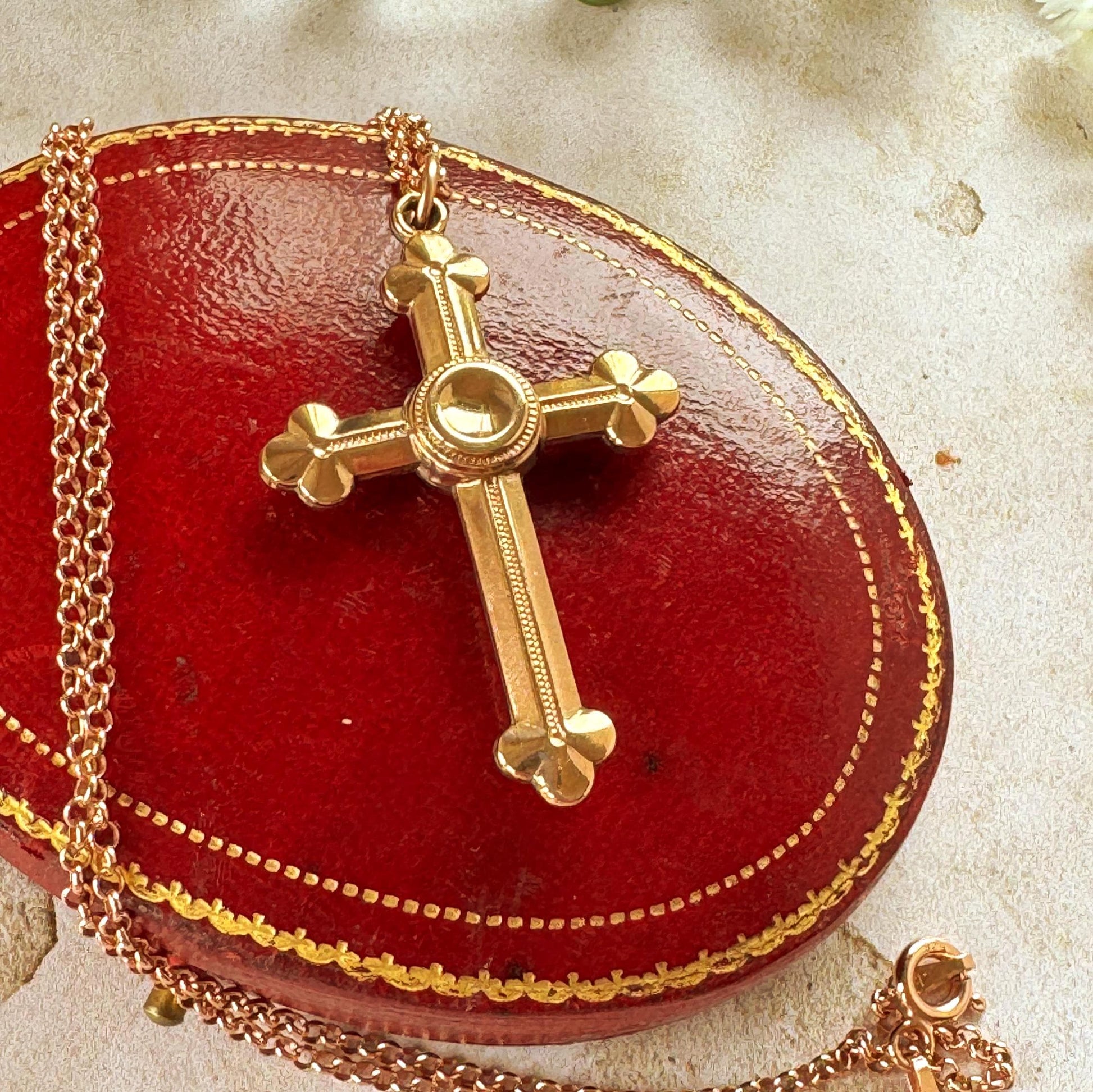 Antique Victorian Gothic Revival Rolled Rose Gold Cross Pendant and Belcher Chain