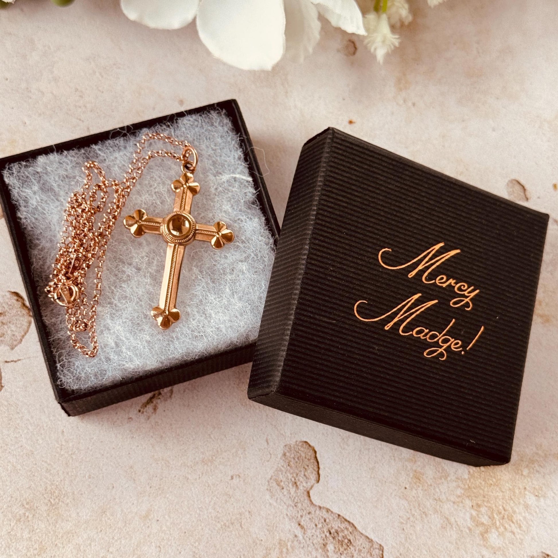 Antique Victorian Gothic Revival Rolled Rose Gold Cross Pendant and Belcher Chain