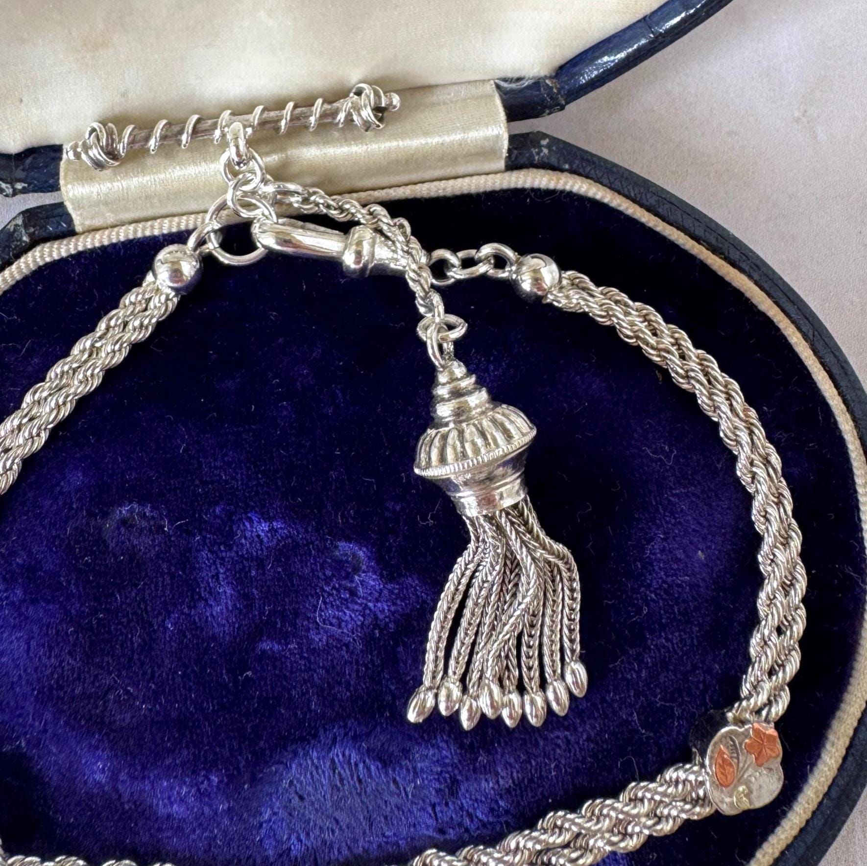 Antique Victorian Sterling Silver & Gold Albertina Tassel Watch Chain Bracelet