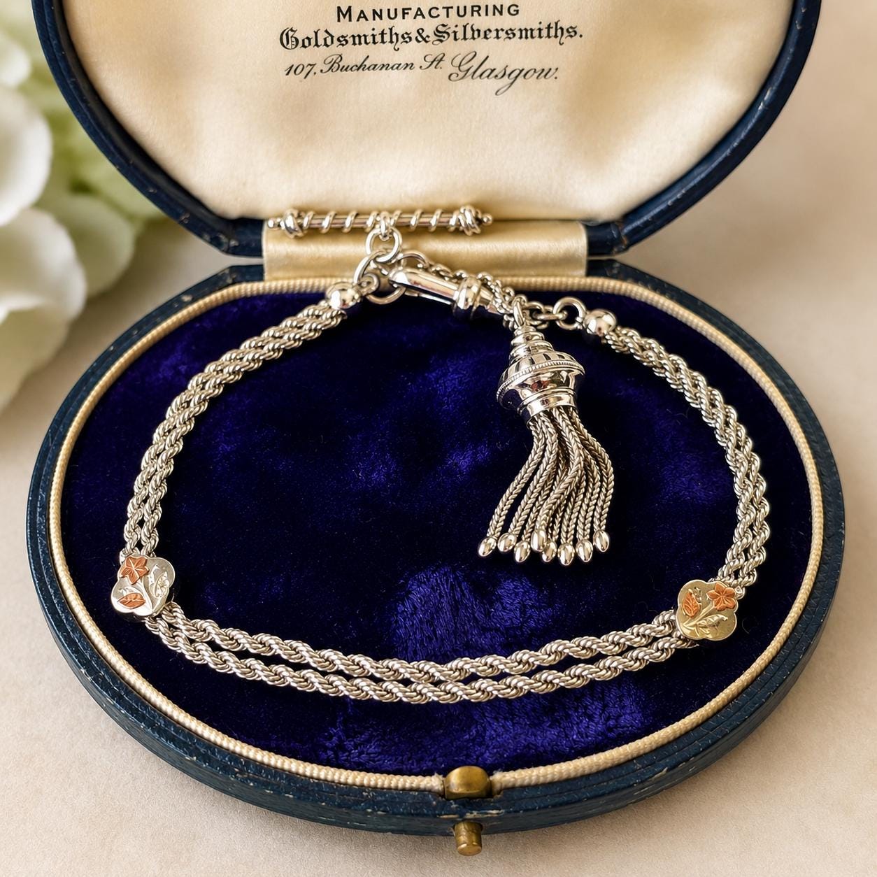 Antique Victorian Sterling Silver & Gold Albertina Tassel Watch Chain Bracelet