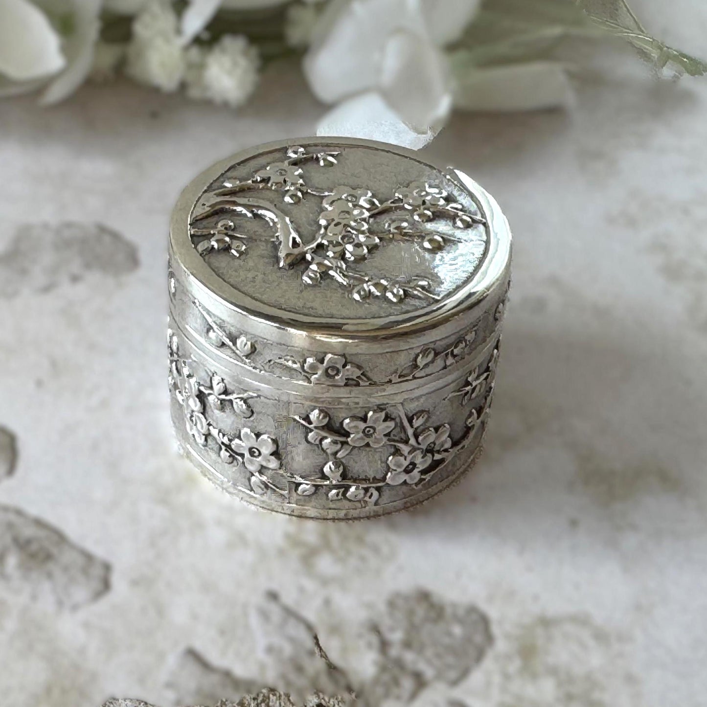 Antique Chinese Export Silver Box, Wang Hing, Qing Dynasty, Plum Blossom, Circa 1900