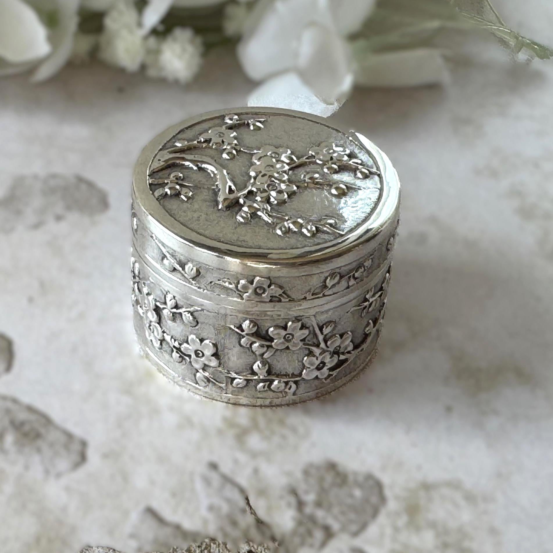 Antique Chinese Export Silver Box, Wang Hing, Qing Dynasty, Plum Blossom, Circa 1900