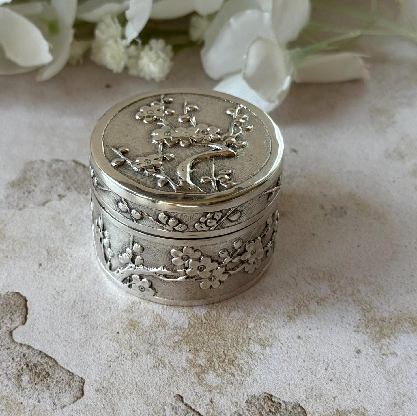 Antique Chinese Export Silver Box, Wang Hing, Qing Dynasty, Plum Blossom, Circa 1900