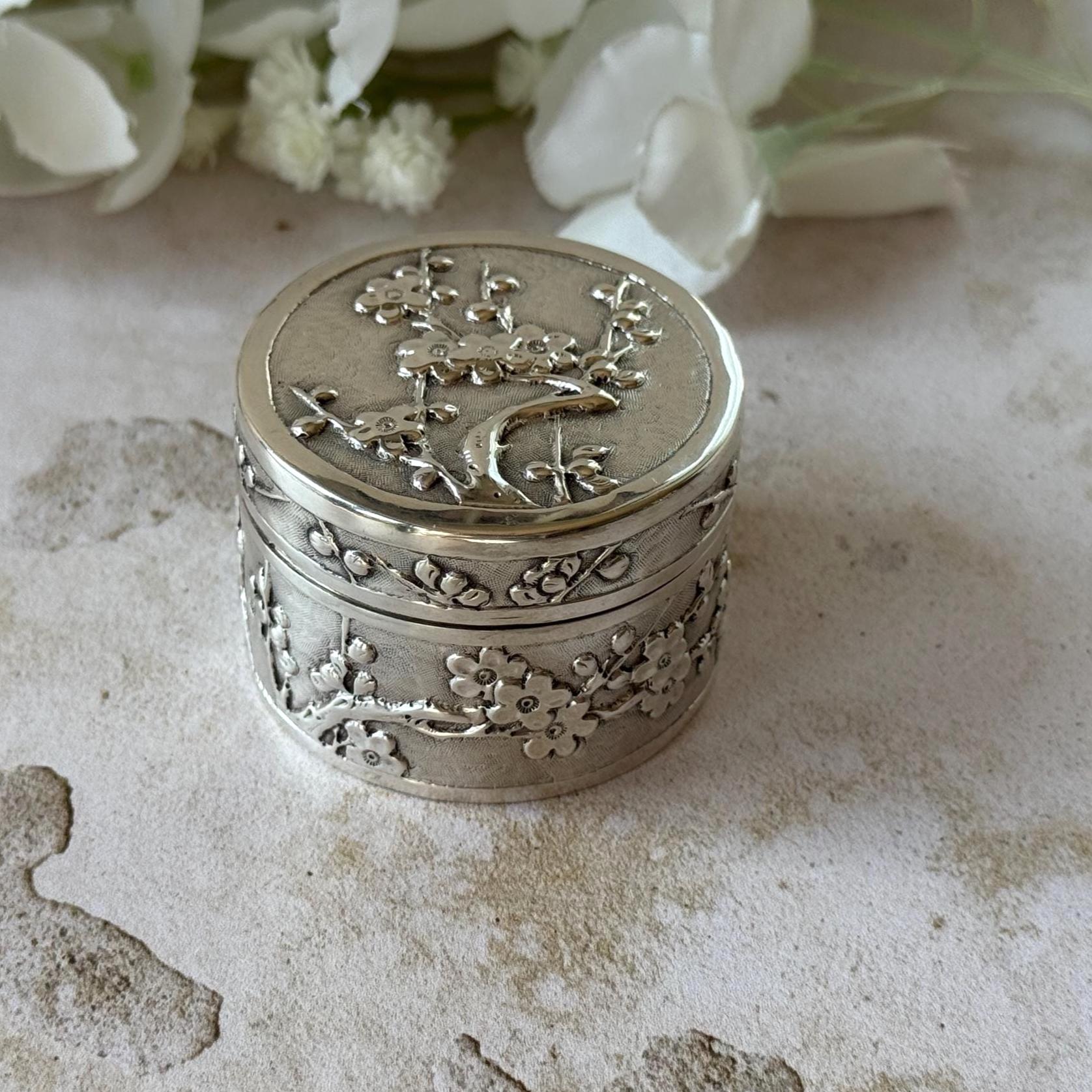Antique Chinese Export Silver Box, Wang Hing, Qing Dynasty, Plum Blossom, Circa 1900