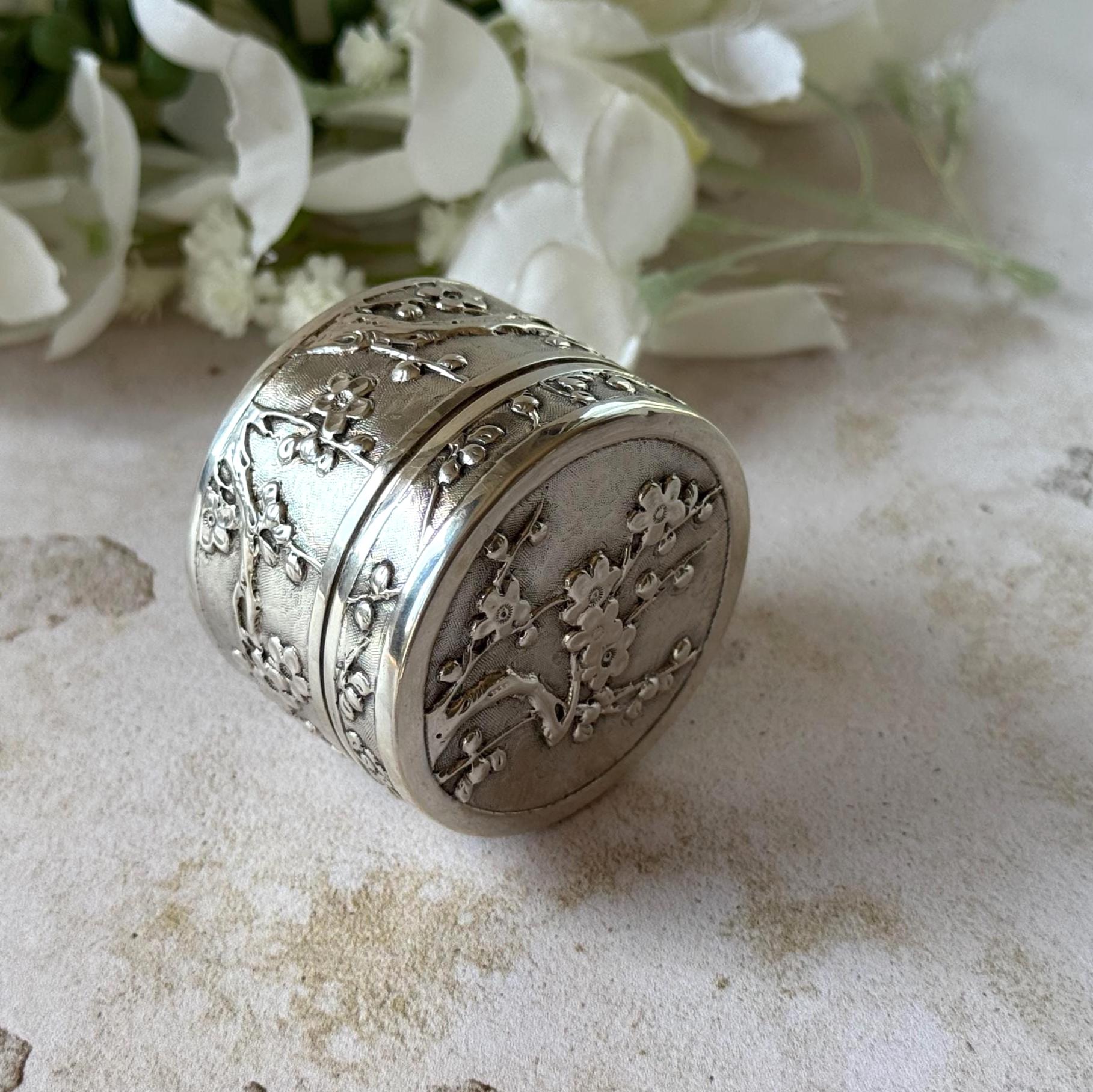 Antique Chinese Export Silver Box, Wang Hing, Qing Dynasty, Plum Blossom, Circa 1900