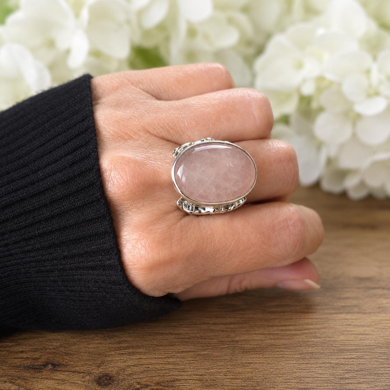 Antique Arts Crafts Rose Quartz Ring: Edwardian Sterling Silver Cabochon Statement Ring