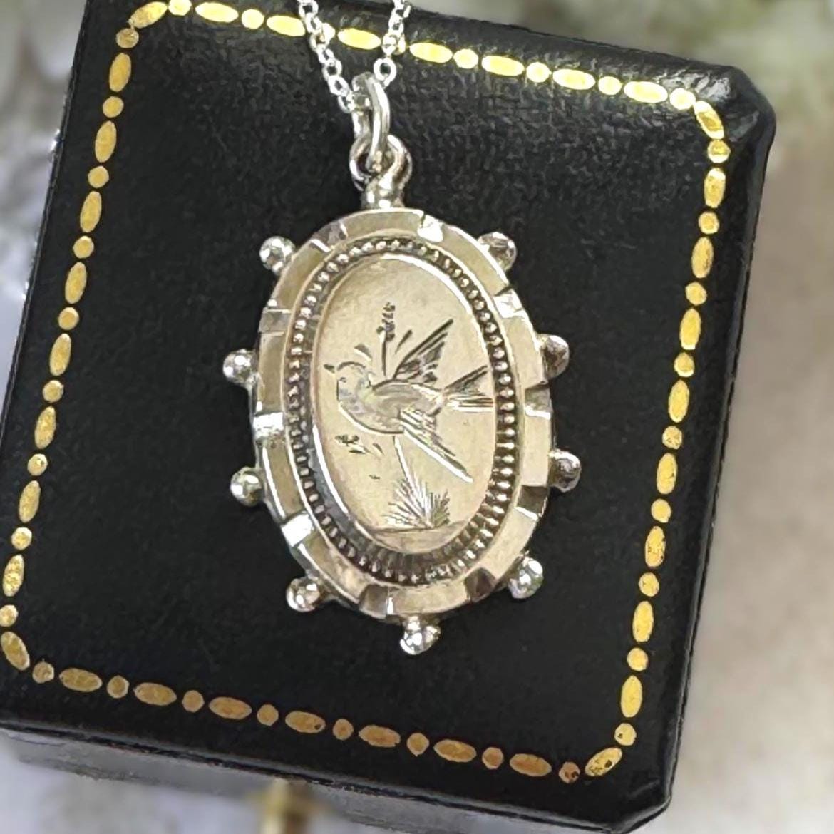 Antique Victorian Engraved Swallow Sterling Silver Pendant Necklace