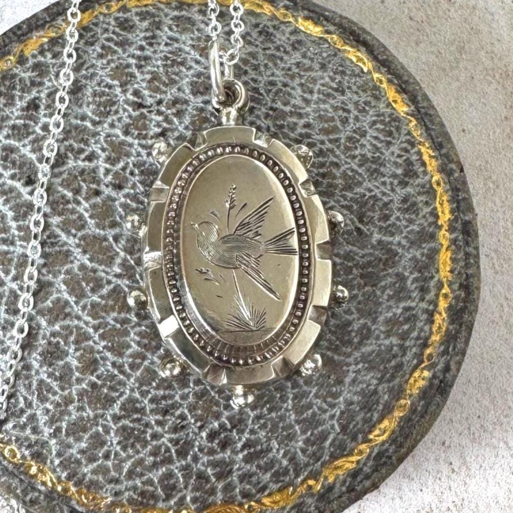 Antique Victorian Engraved Swallow Sterling Silver Pendant Necklace