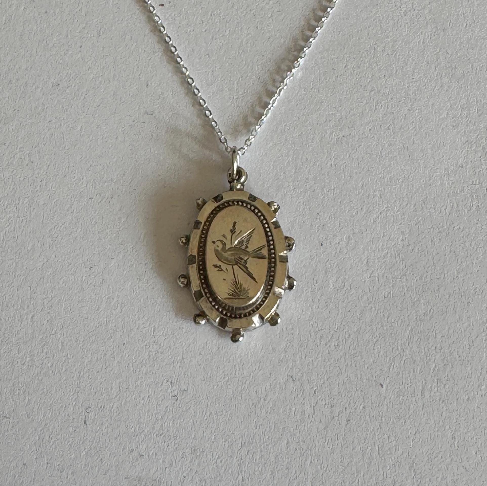 Antique Victorian Engraved Swallow Sterling Silver Pendant Necklace