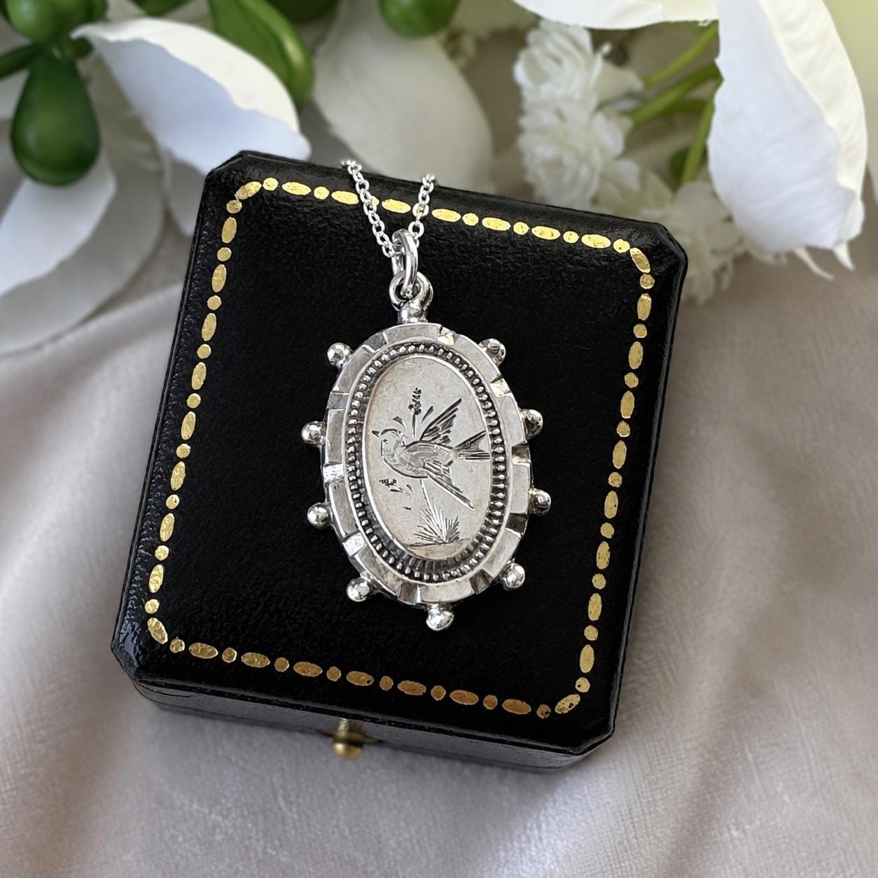 Antique Victorian Engraved Swallow Sterling Silver Pendant Necklace