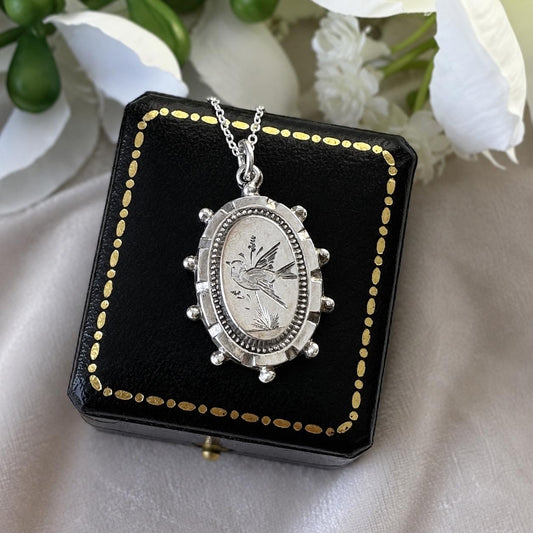 Antique Victorian Engraved Swallow Sterling Silver Pendant Necklace