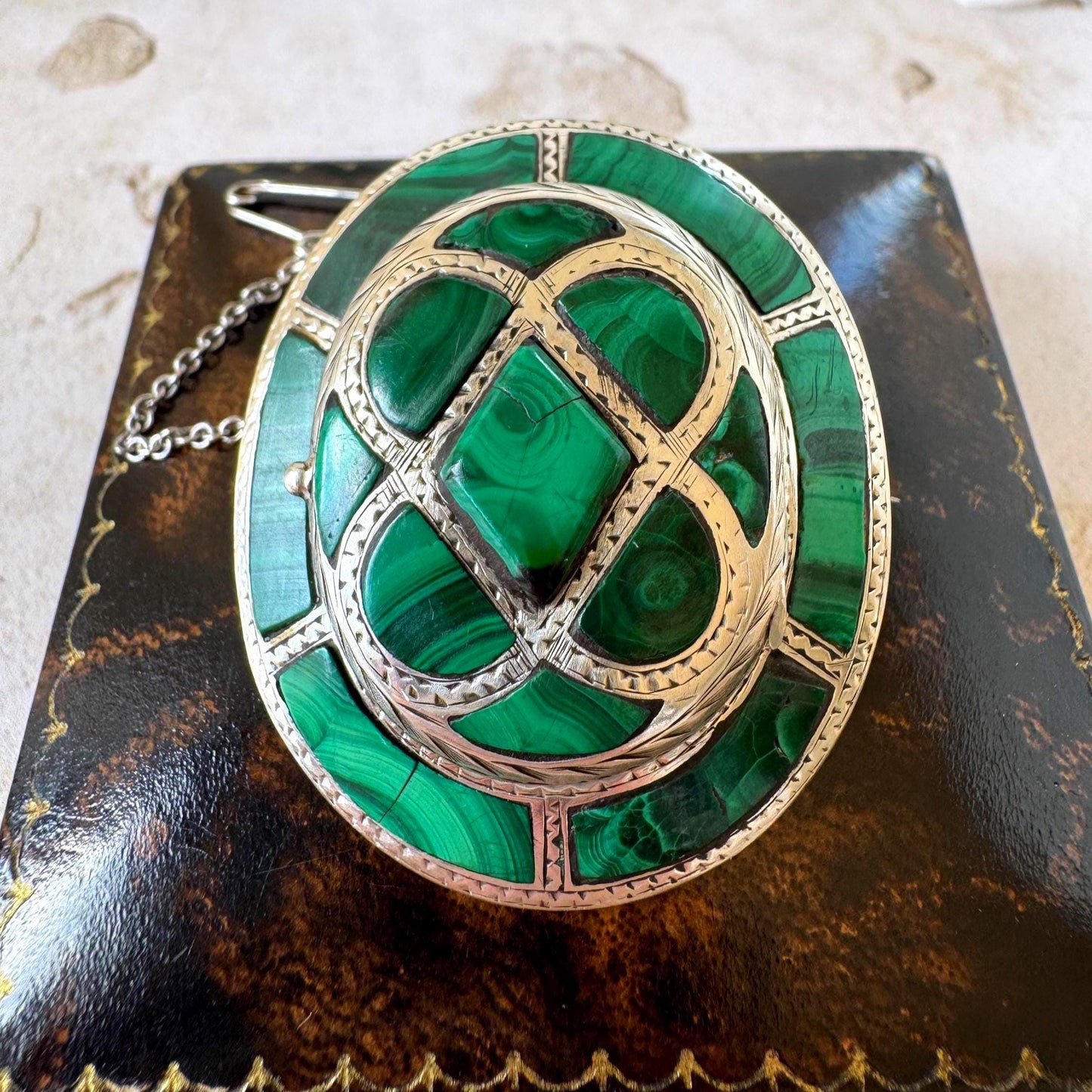 Victorian Scottish Malachite Hidden Locket Brooch | Rare Antique Sterling Silver Scottish Pebble Jewellery