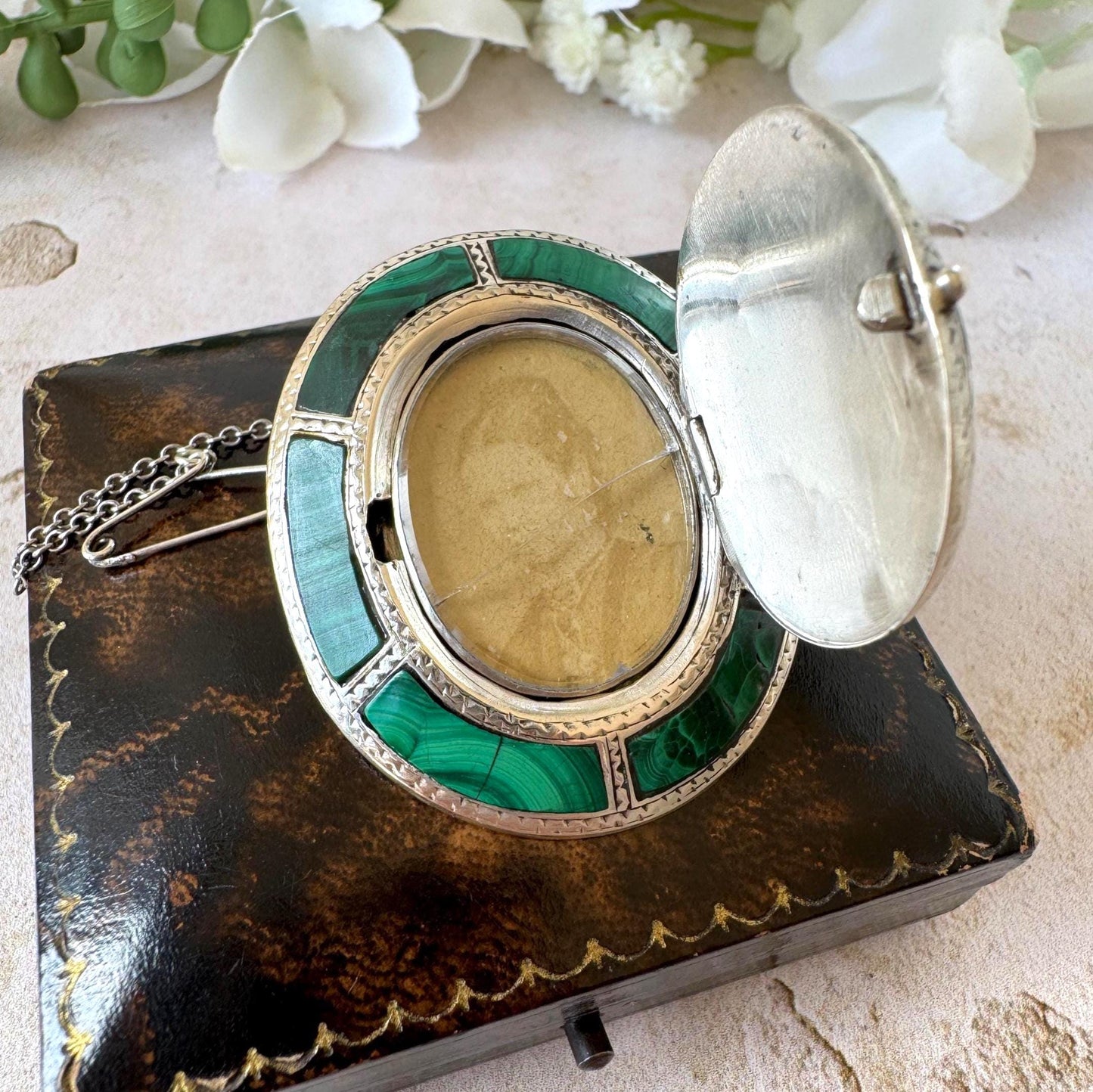 Victorian Scottish Malachite Hidden Locket Brooch | Rare Antique Sterling Silver Scottish Pebble Jewellery