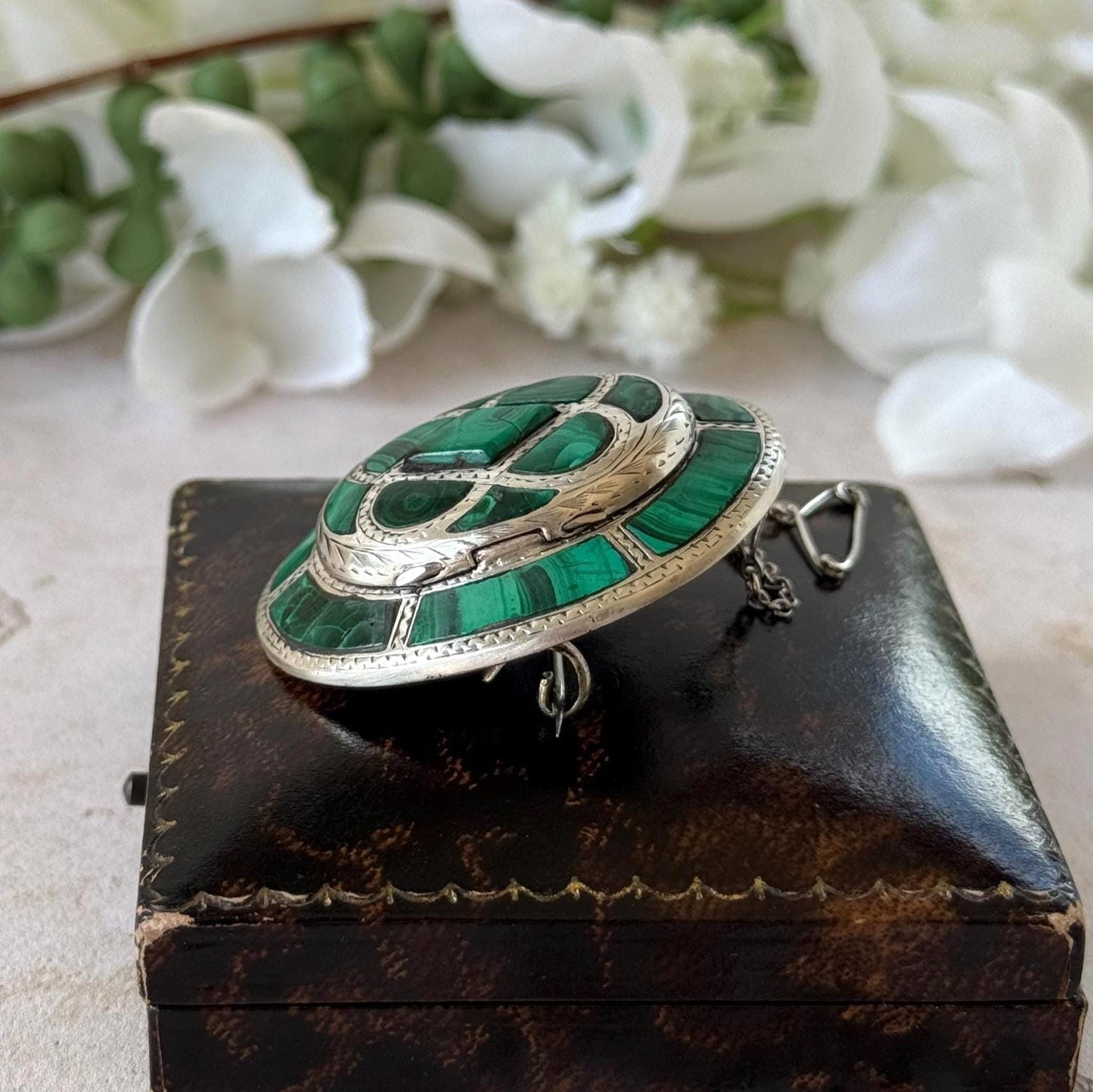 Victorian Scottish Malachite Hidden Locket Brooch | Rare Antique Sterling Silver Scottish Pebble Jewellery