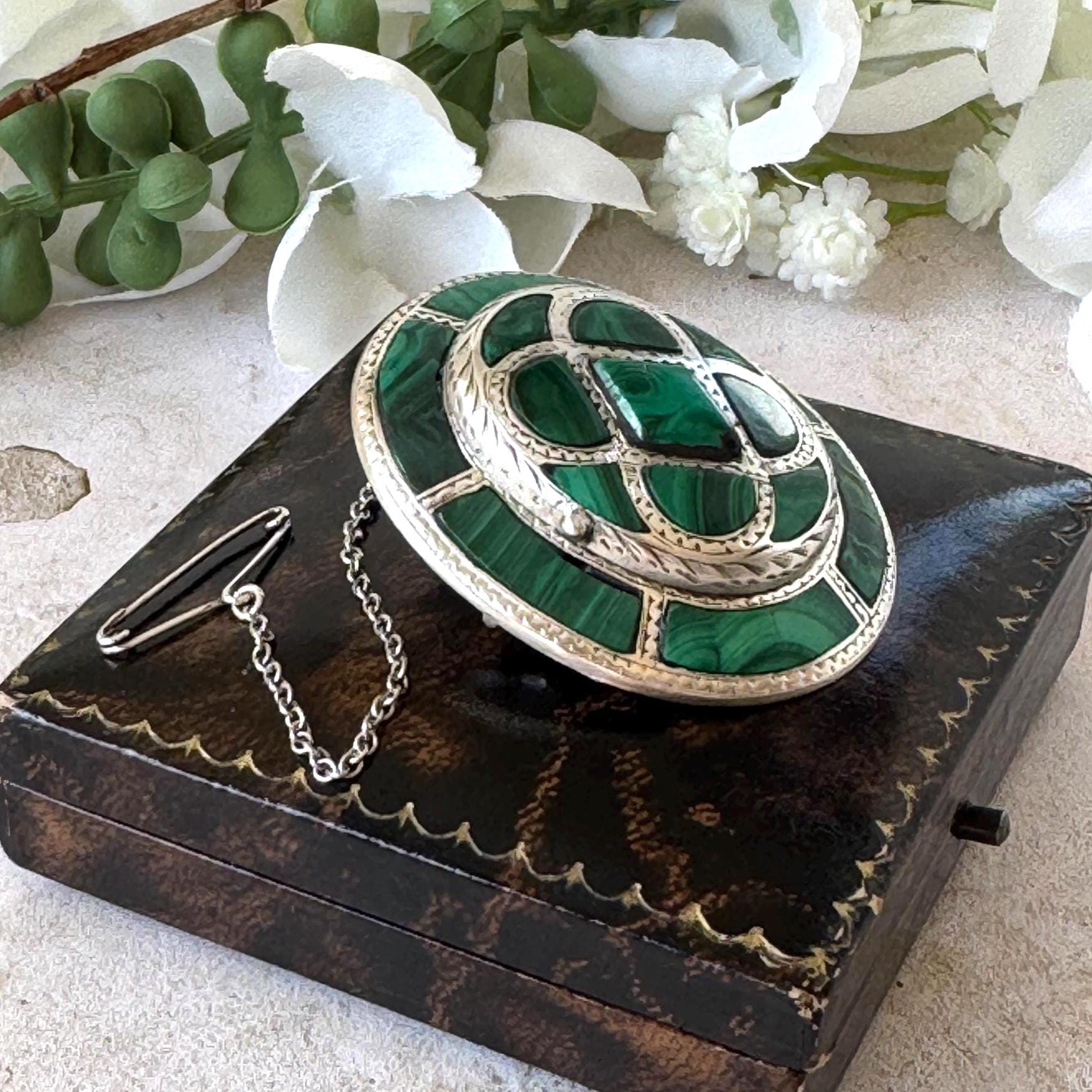 Victorian Scottish Malachite Hidden Locket Brooch | Rare Antique Sterling Silver Scottish Pebble Jewellery