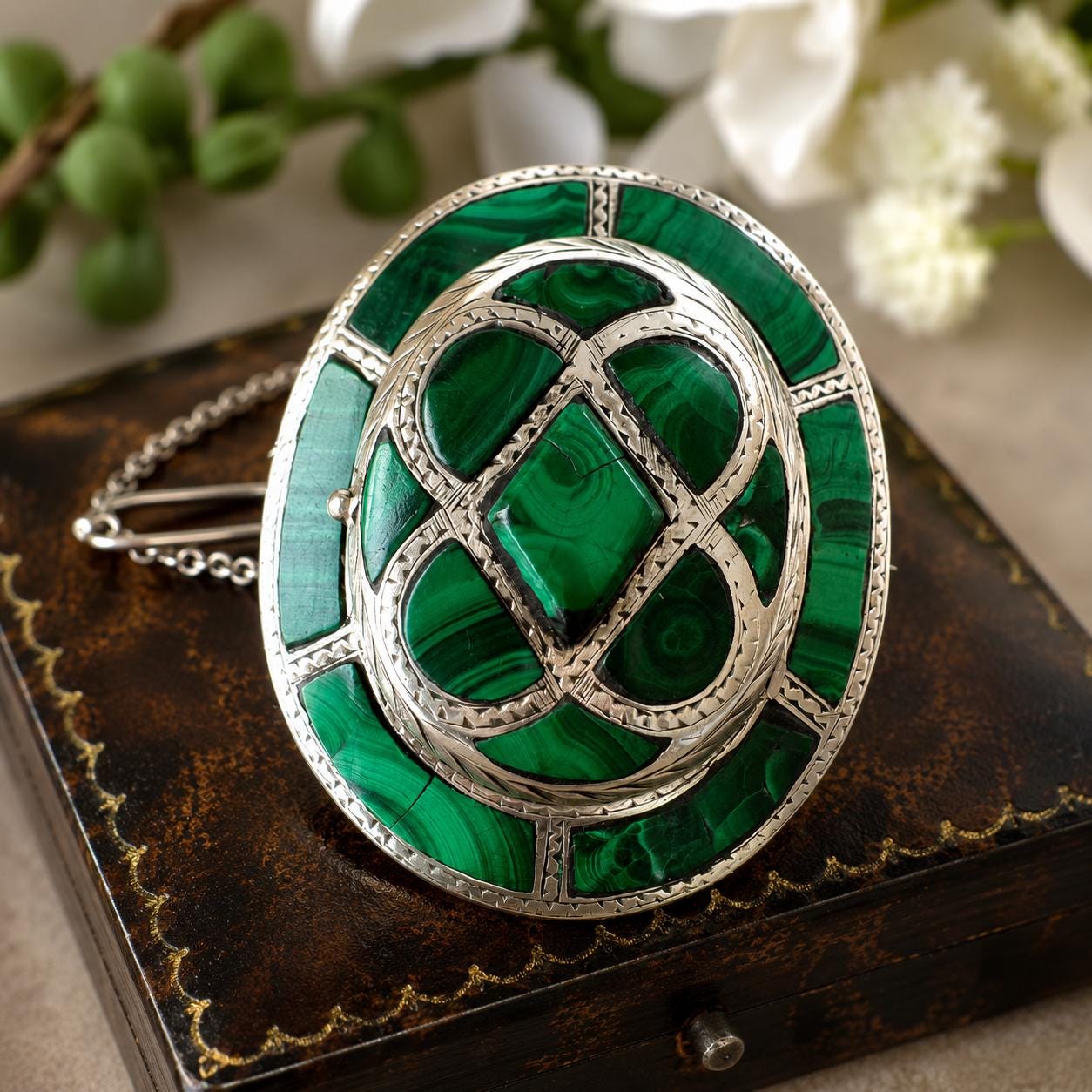 Victorian Scottish Malachite Hidden Locket Brooch | Rare Antique Sterling Silver Scottish Pebble Jewellery