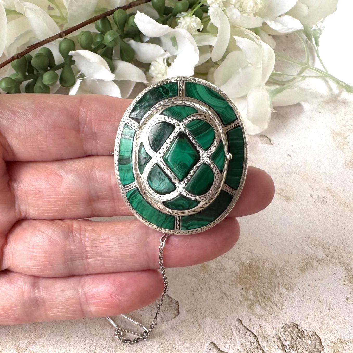 Victorian Scottish Malachite Hidden Locket Brooch | Rare Antique Sterling Silver Scottish Pebble Jewellery