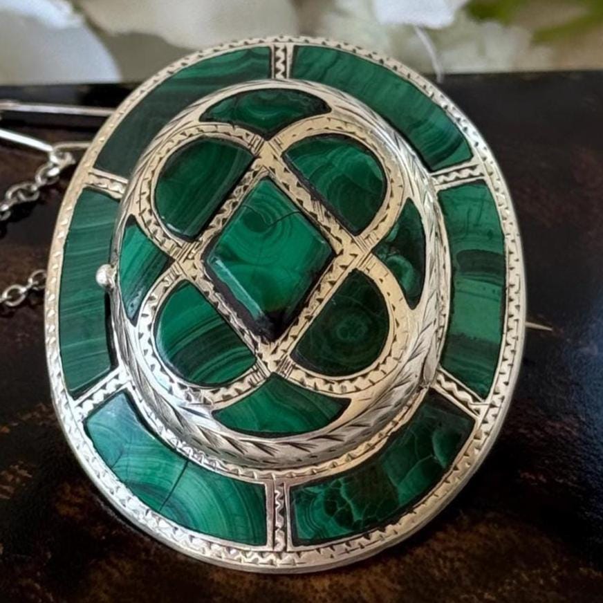 Victorian Scottish Malachite Hidden Locket Brooch | Rare Antique Sterling Silver Scottish Pebble Jewellery