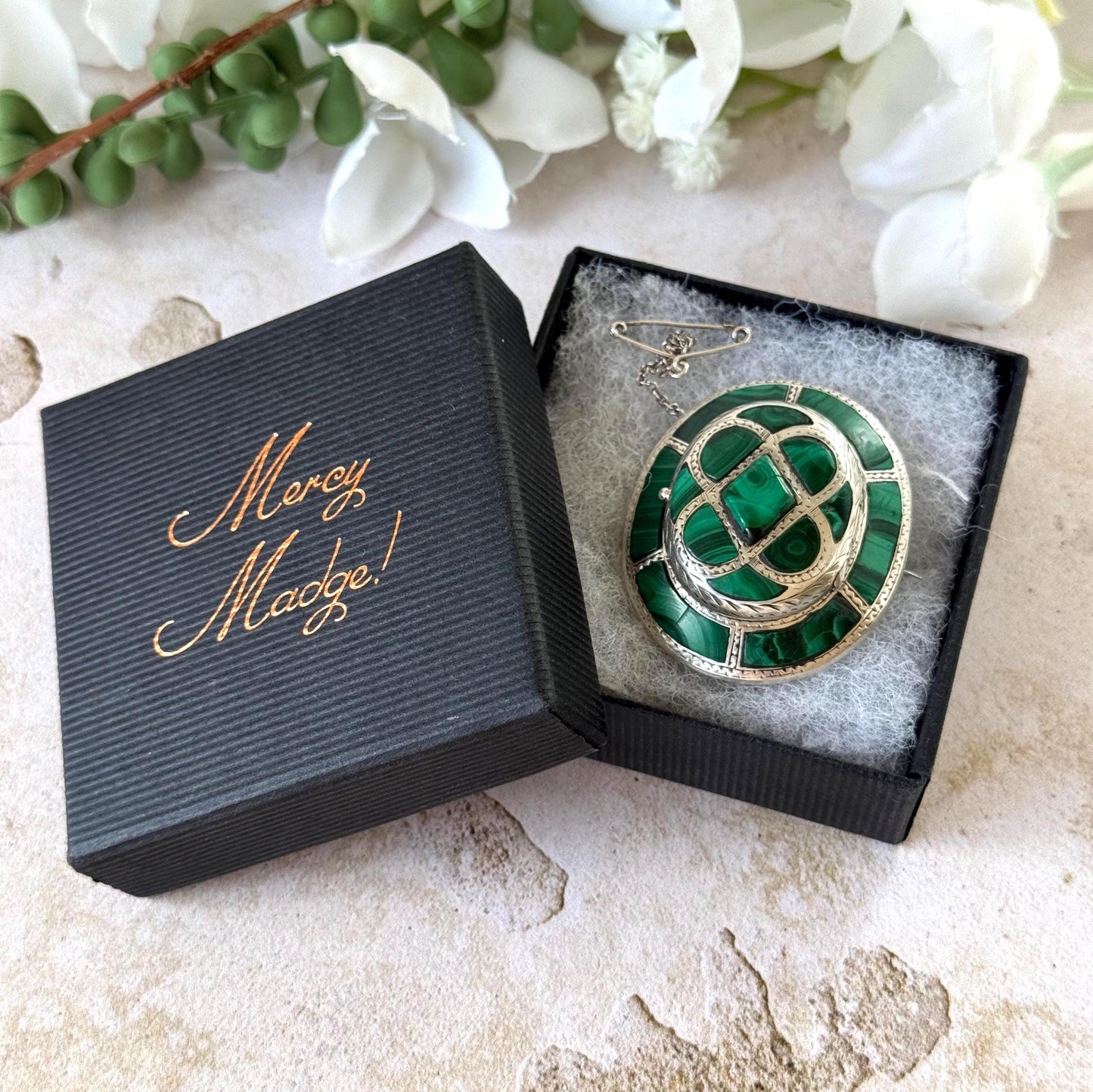 Victorian Scottish Malachite Hidden Locket Brooch | Rare Antique Sterling Silver Scottish Pebble Jewellery