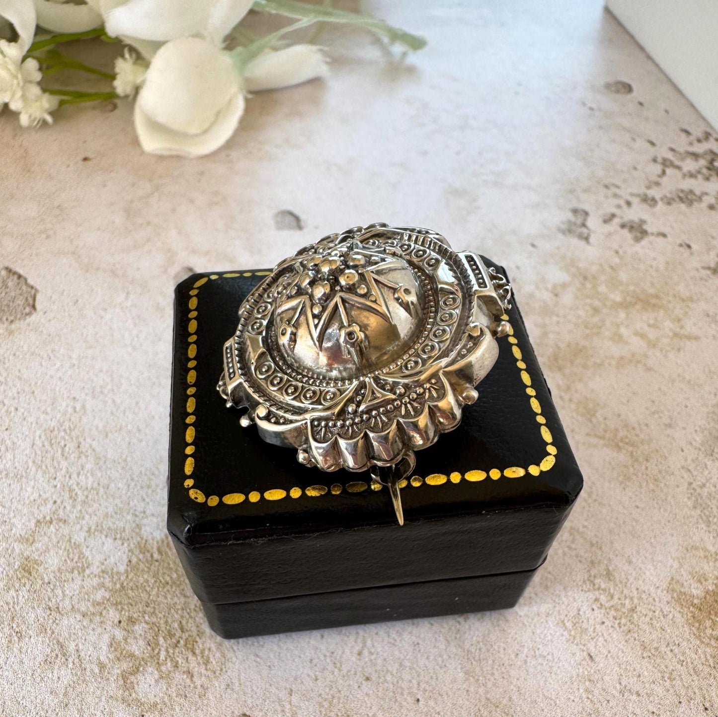 Antique Victorian Hidden Locket Brooch – Sterling Silver Aesthetic Movement Lapel Pin