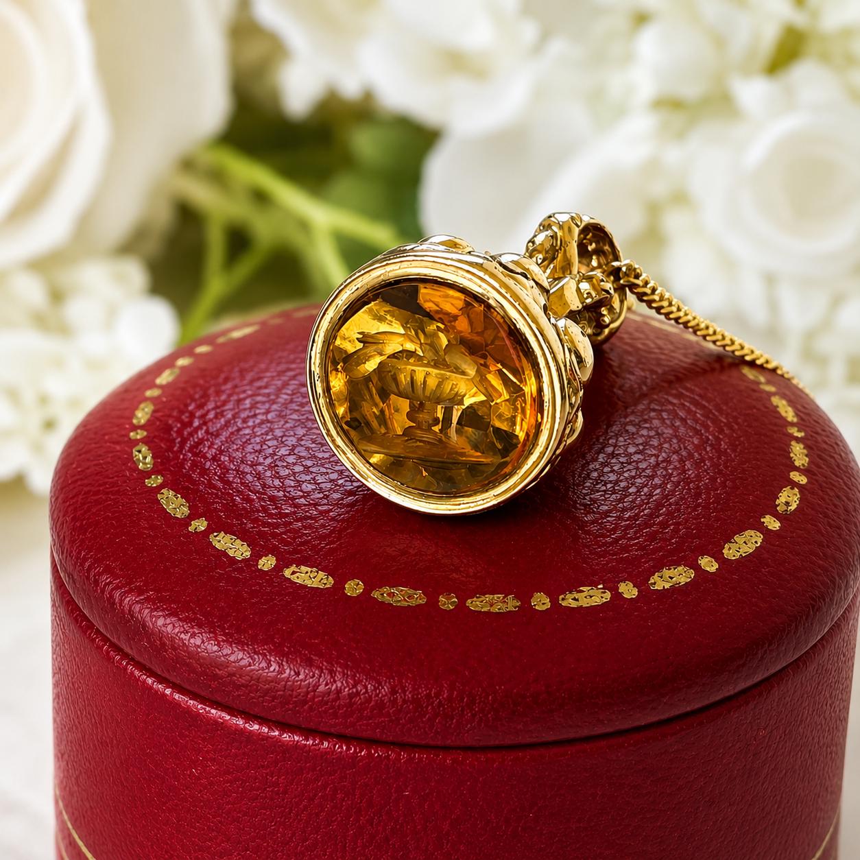 Georgian Miniature Lovebird Intaglio Seal Fob | Antique Gold-Cased Citrine Pendant