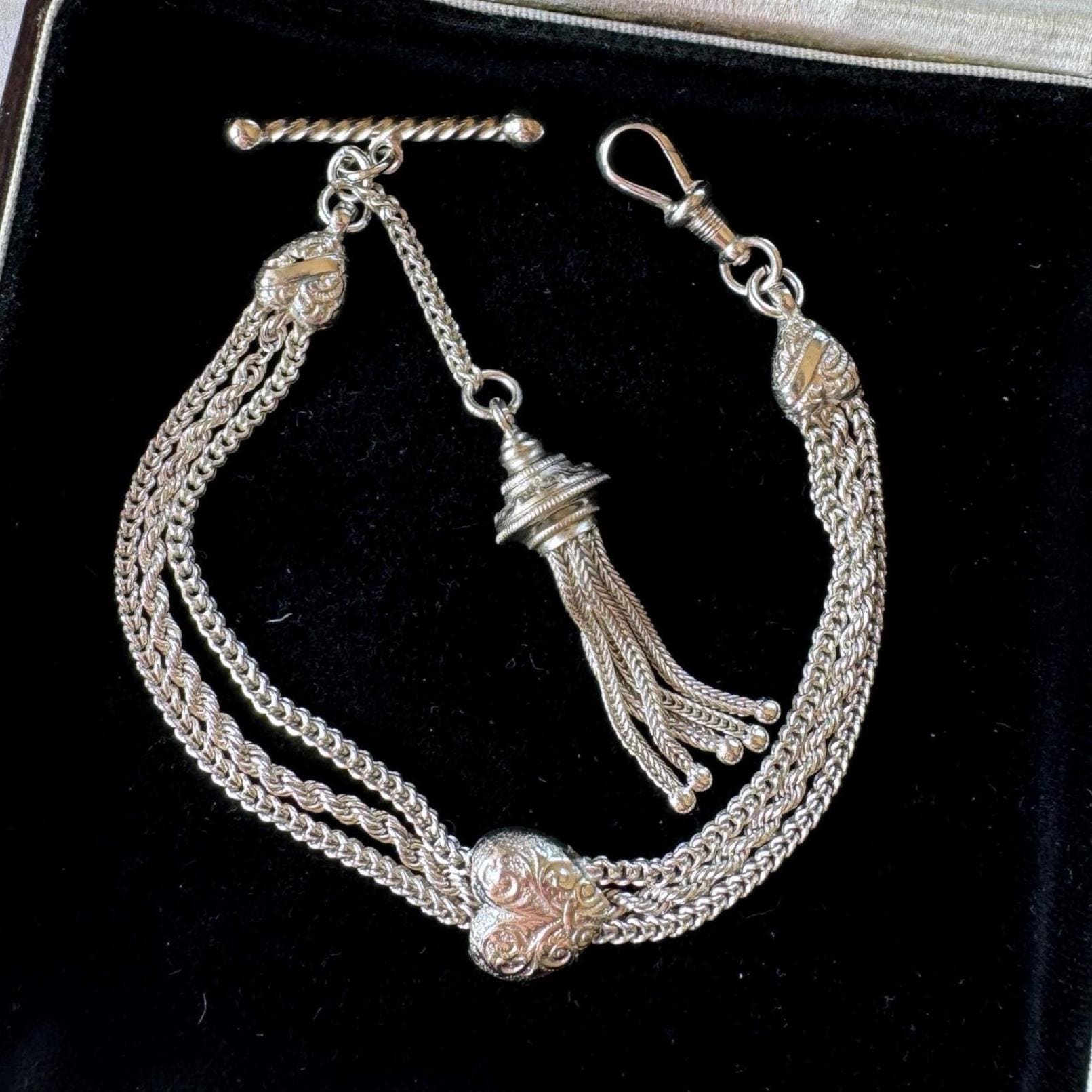 Antique Victorian Sterling Silver Albertina Bracelet | Love Heart Tassel Watch Chain