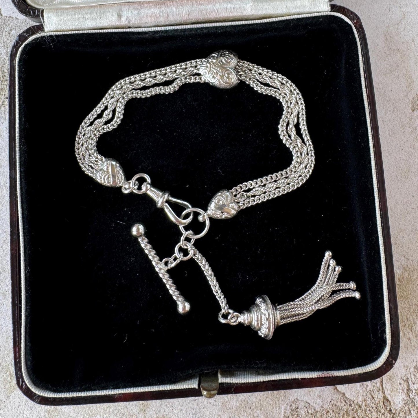 Antique Victorian Sterling Silver Albertina Bracelet | Love Heart Tassel Watch Chain