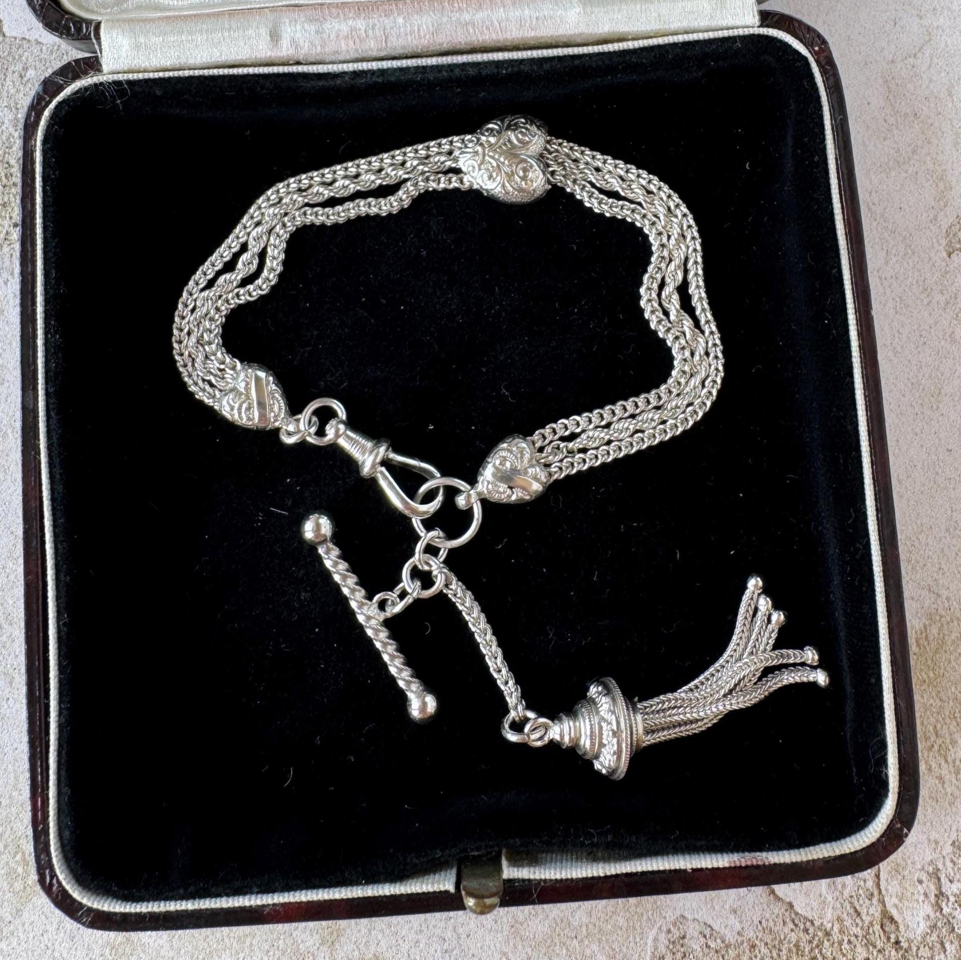 Antique Victorian Sterling Silver Albertina Bracelet | Love Heart Tassel Watch Chain