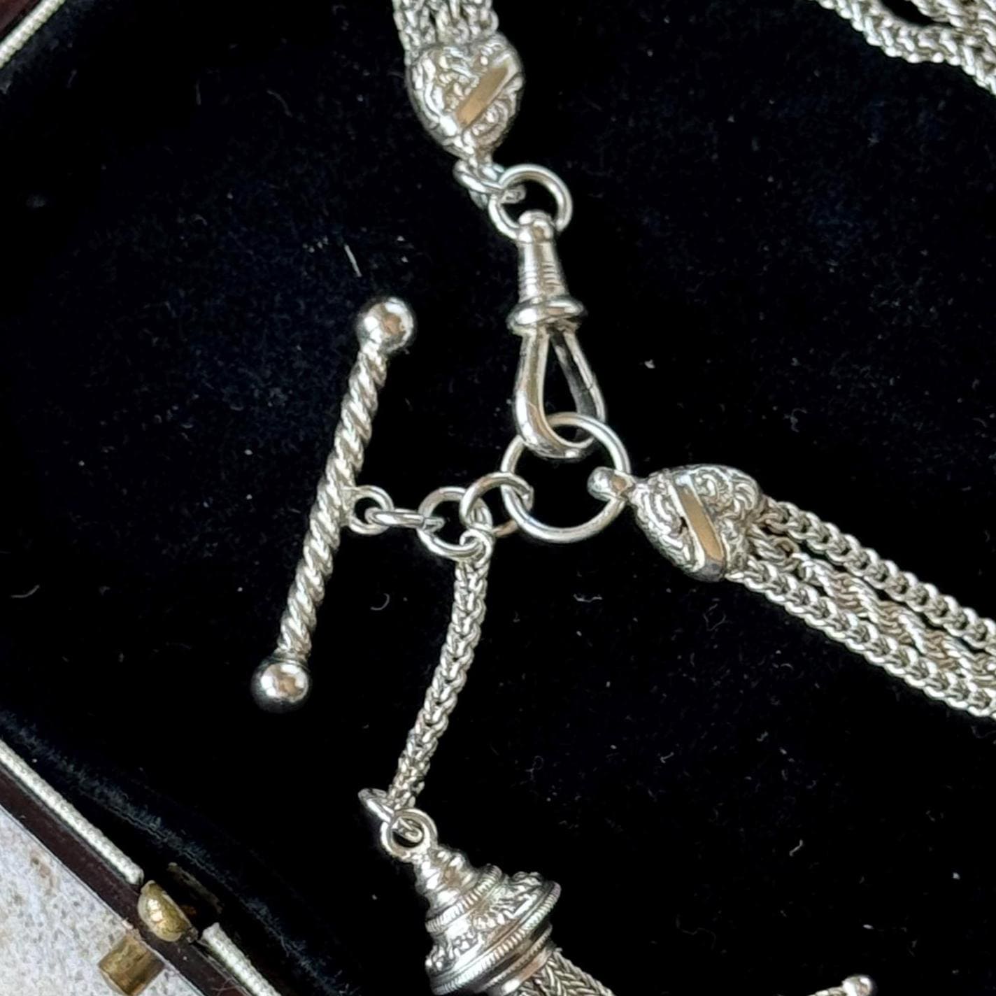 Antique Victorian Sterling Silver Albertina Bracelet | Love Heart Tassel Watch Chain
