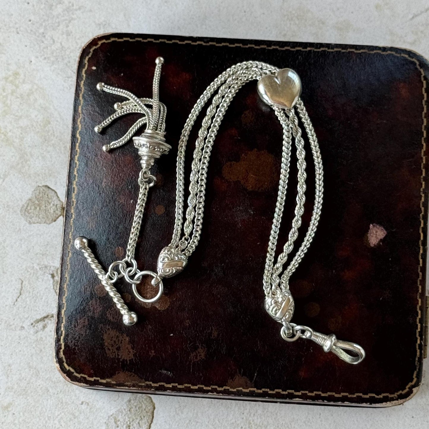 Antique Victorian Sterling Silver Albertina Bracelet | Love Heart Tassel Watch Chain