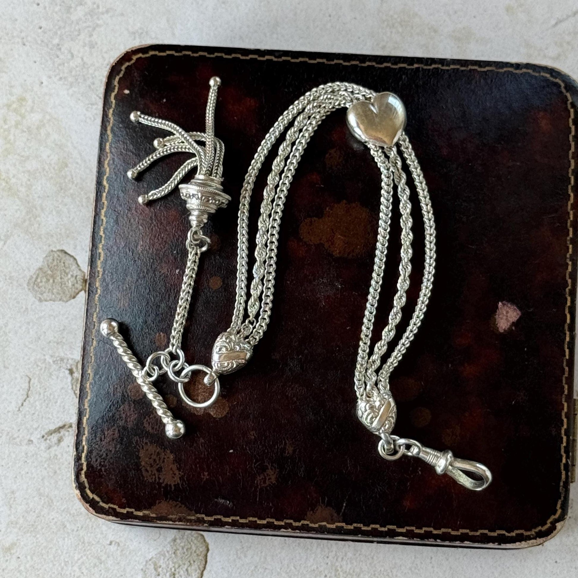 Antique Victorian Sterling Silver Albertina Bracelet | Love Heart Tassel Watch Chain