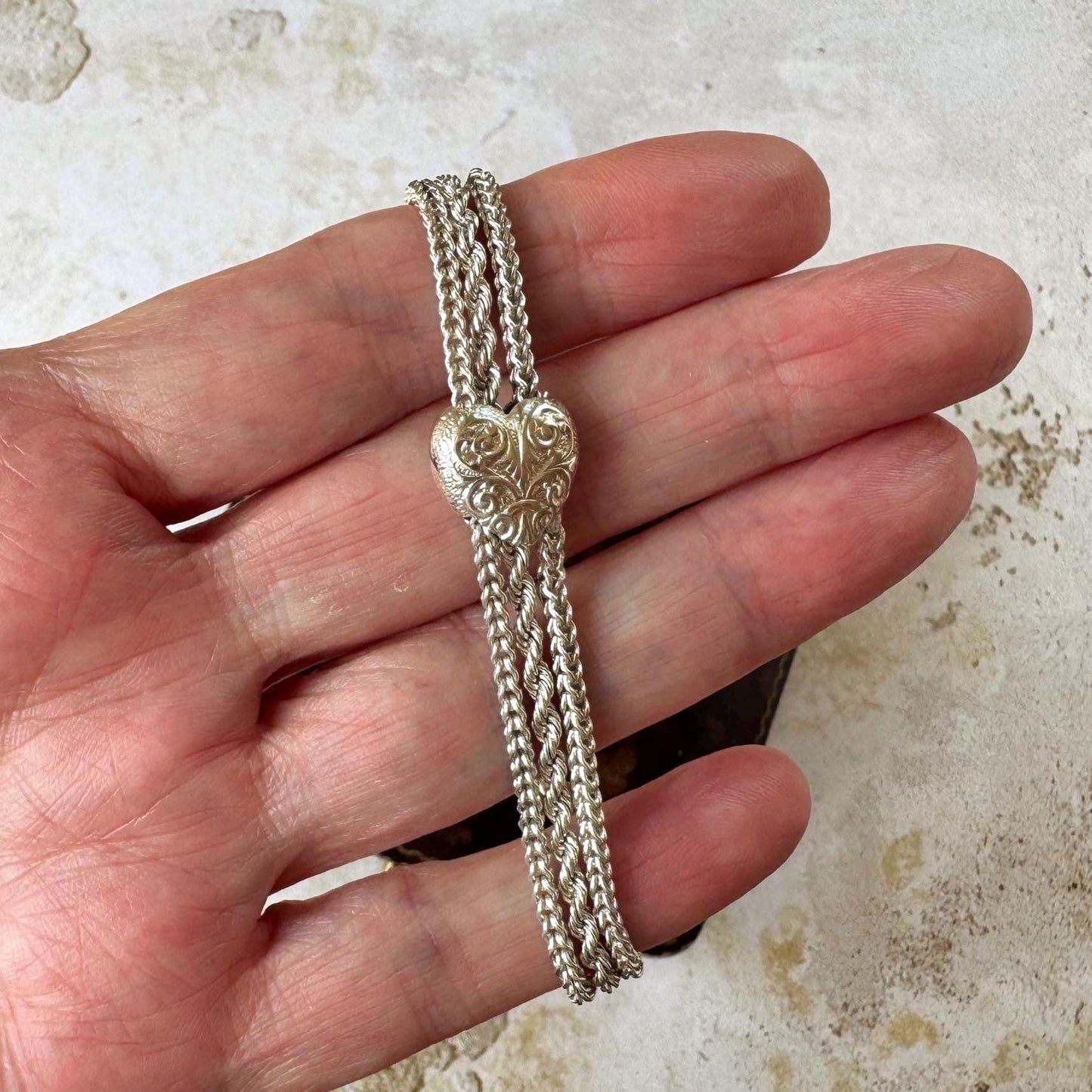 Antique Victorian Sterling Silver Albertina Bracelet | Love Heart Tassel Watch Chain