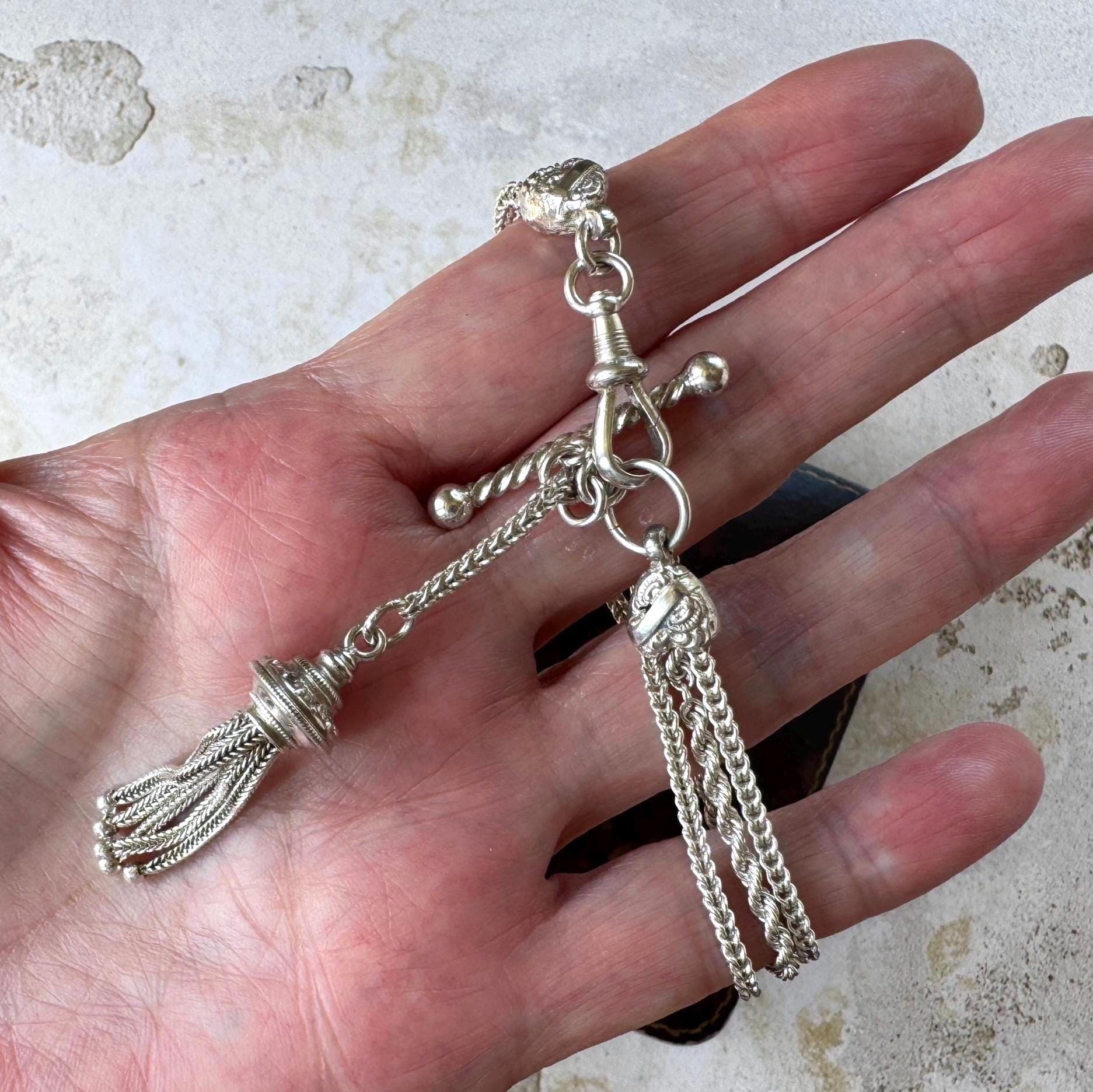 Antique Victorian Sterling Silver Albertina Bracelet | Love Heart Tassel Watch Chain