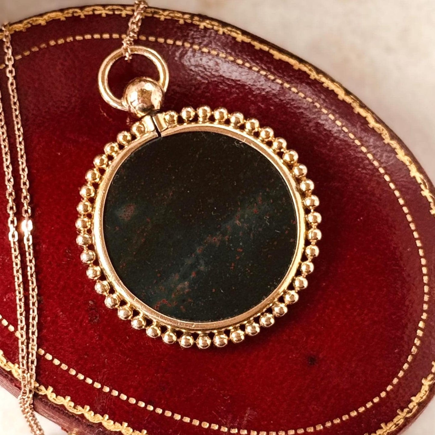 Antique Victorian Bloodstone Pendant Necklace | Rolled Rose Gold Photo Locket Conversion