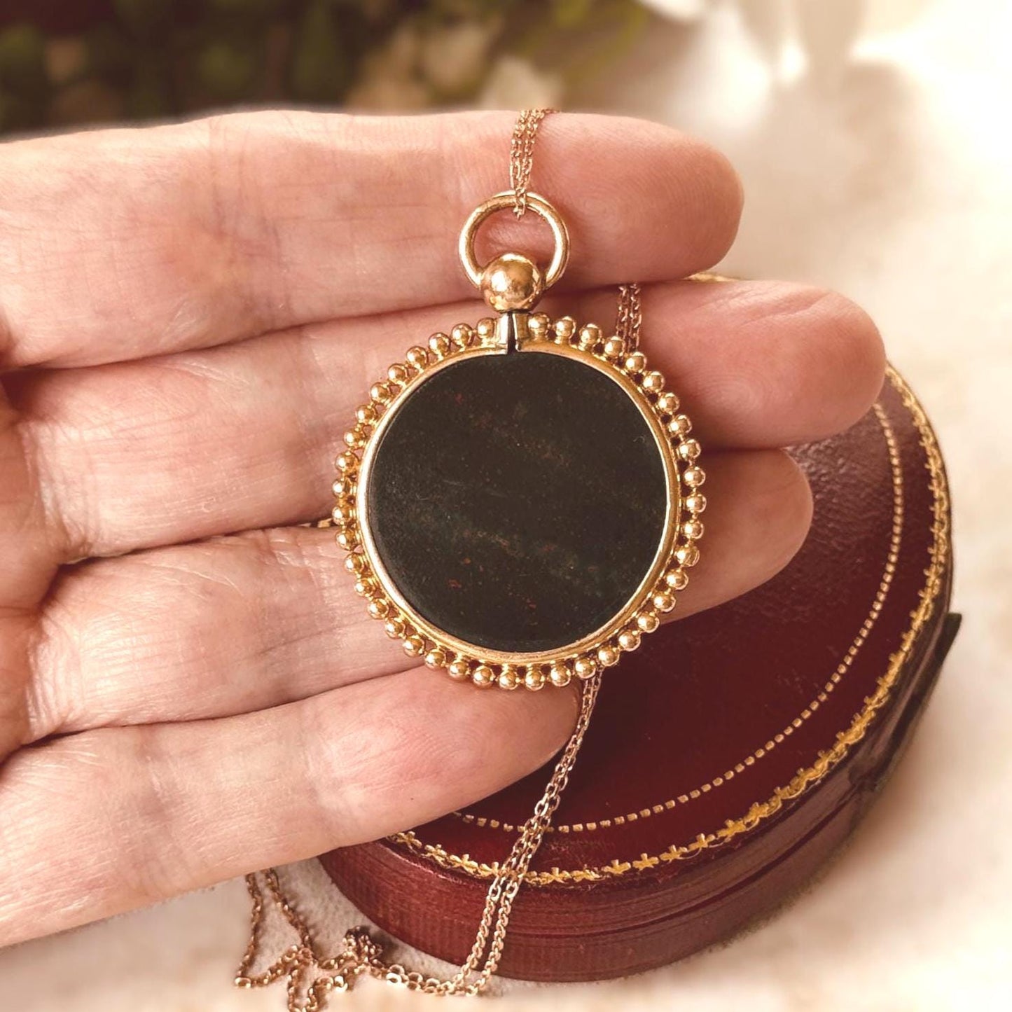 Antique Victorian Bloodstone Pendant Necklace | Rolled Rose Gold Photo Locket Conversion
