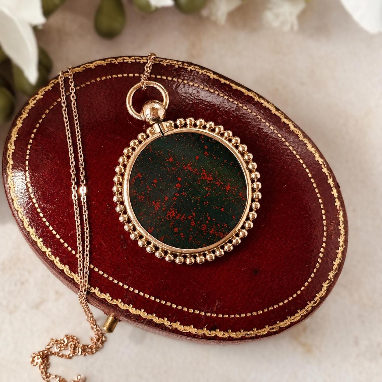 Antique Victorian Bloodstone Pendant Necklace | Rolled Rose Gold Photo Locket Conversion