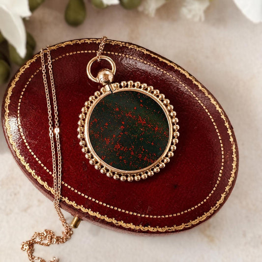 Antique Victorian Bloodstone Pendant Necklace | Rolled Rose Gold Photo Locket Conversion